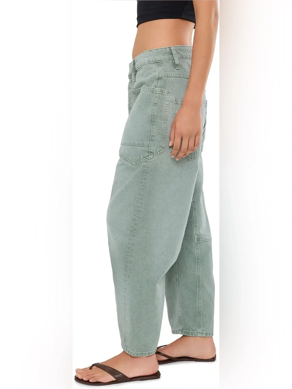 Free People We The Free Minimalist Moxie Barrel Jeans in Aloe Green NWT